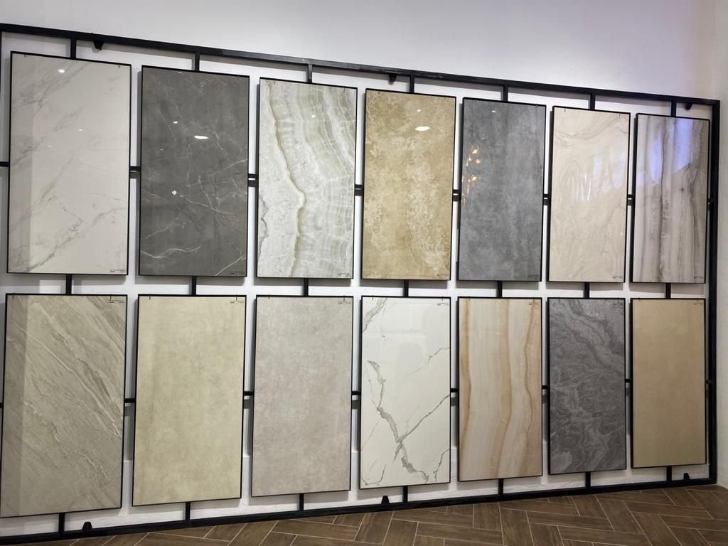 Ceramic tile samples in the VIGOHOME showroom, Foshan, China — tile supplier for projects